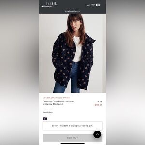 Madewell Navy Corduroy Crop Puffer Jacket